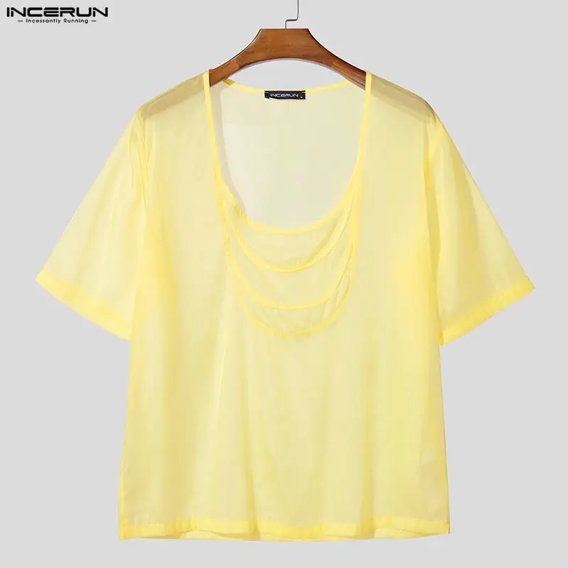 INCERUN Herren T-Shirt Durchsichtig Einfarbig Kurzarm Lässige Herrenkleidung Streetwear 2026 Locker Sexy Modische T-Shirts Camisetas