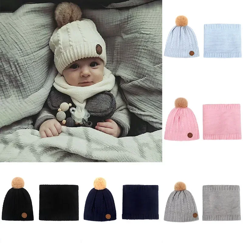 3-24 Months Winter Thick Warm Baby Hat Set Scarf for Boy Girl Cute Double Pompom Kids Children Beanie Scarves for Boys Girls