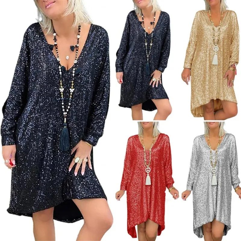 

Dress Women's Spring Short Sleeve Solid Color Loose Fit Pullover Sequin Shirt Dress V-Neck Long Length New Comfortable Casual
