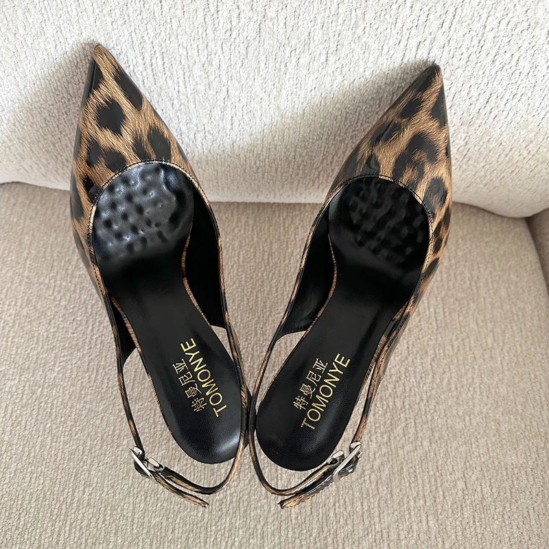 TOMONYE Leopard Print Patent Women's Slingback Buckle Heels Lady Sexy Pointed Toe Size 33-46 2026 New Summer Shoes On Sale