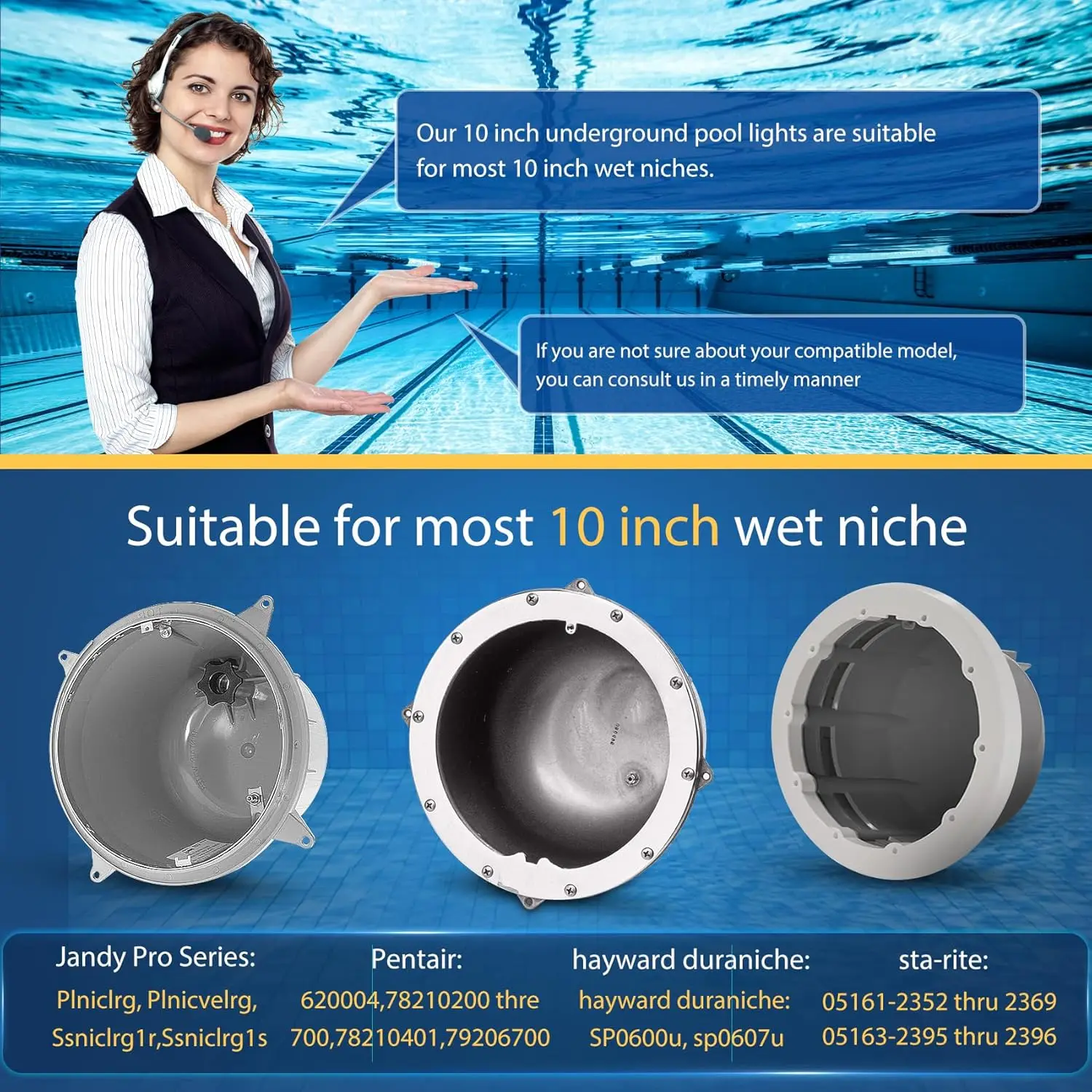 SH101100 Luzes de piscina de 10 polegadas para piscina inground, luzes de piscina LED DC 12V com cabo de 100 pés para nicho úmido de 10 polegadas