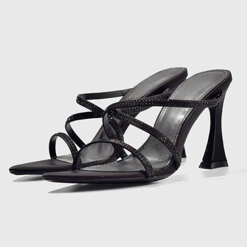 

New Sexy Pointed End Rhinestone Black 7cm/9cm High-heeled Sandals Fashion Cross Tie Straps Commuting Daily Women's Slippers 40