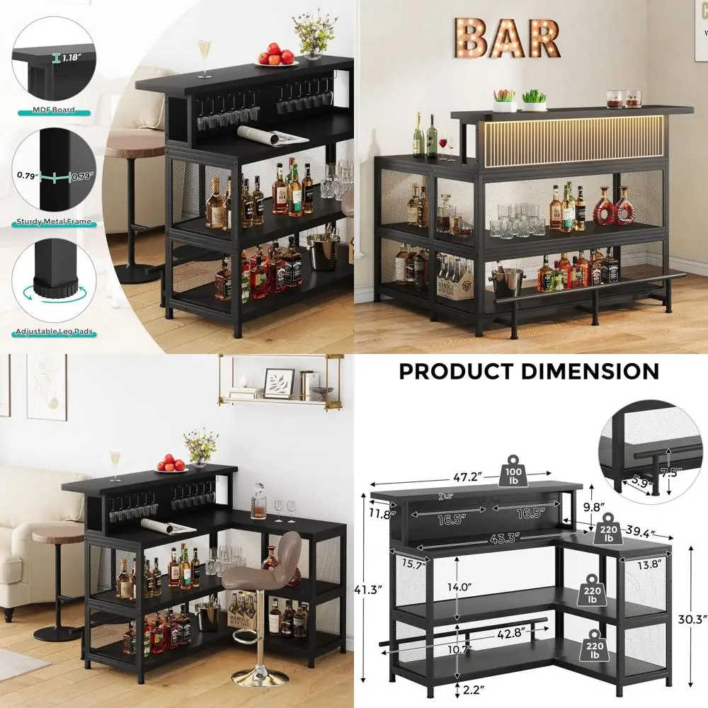 

Черный угловой домашний бар с держателем для бокалов, светодиодной подсветкой, полками для хранения и подставкой для ног для кухни, столовой или паба