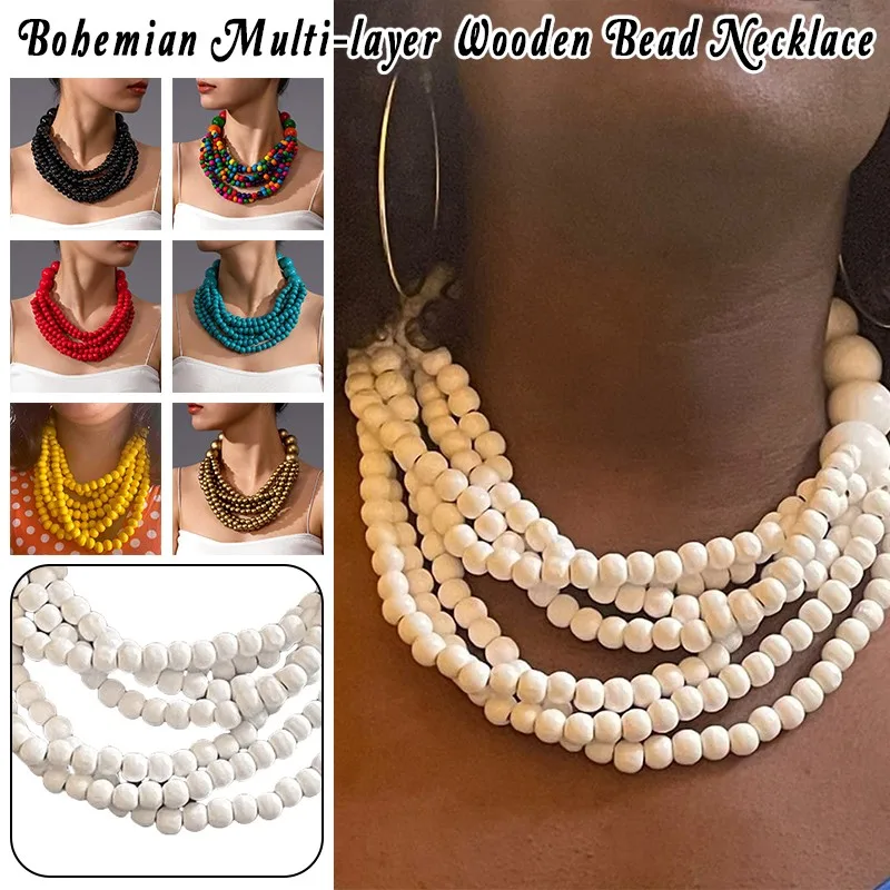 البوهيمي متعدد الطبقات خشبية عقد من اللؤلؤ المرأة الصيف الملونة المختنق مجوهرات المختنقون قلادة مجوهرات اكسسوارات الحفلات #5