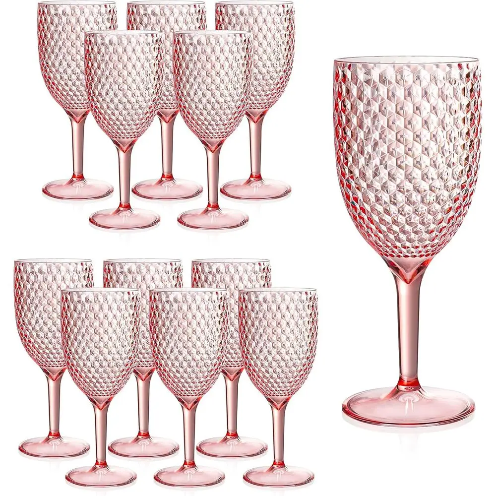 

Pink Plastic Wine Glasses 13.5oz Reusable Acrylic Wedding Goblets Toasting Glassware Unbreakable Cups Long Stem Crystal Drinking