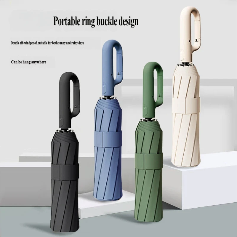 Large Automatic Ring Buckle Folding Umbrella • Business Custom • Black Glue • Windproof • Sun & Rain Dual-Use