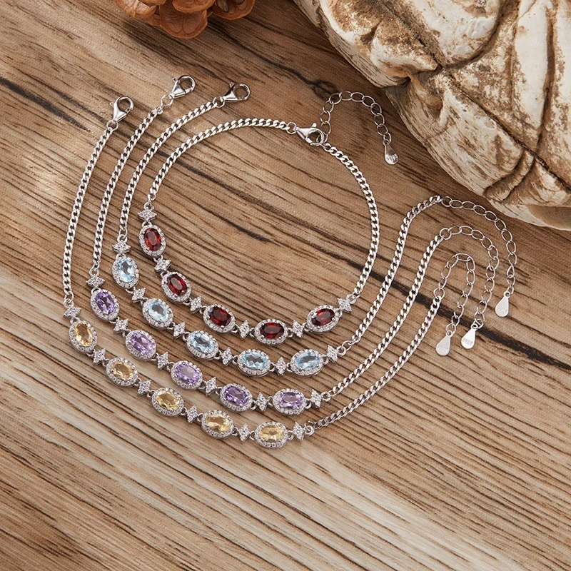 

Classic 925 Silver Natural Gemstones Bracelets For Women Genuine Topaz/Amethyst/Peridot/Garnet/Citrine Cuff Bangle Fine Jewelry