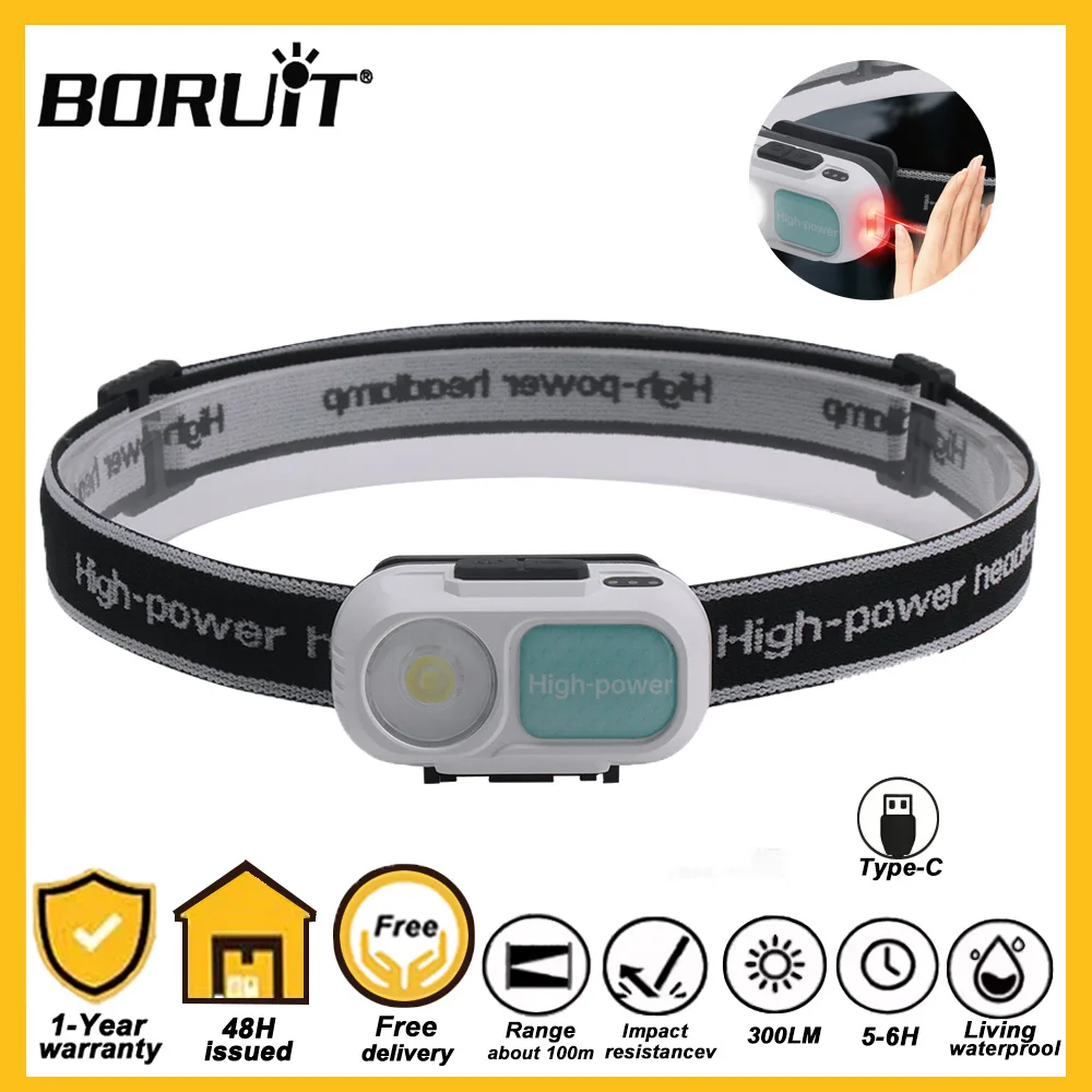 

Светодиодный налобный фонарь BORUiT с датчиком, 300 лм, перезаряжаемый через USB-C, 3 режима освещения, встроенный аккумулятор, для кемпинга, рыбалки, активного отдыха