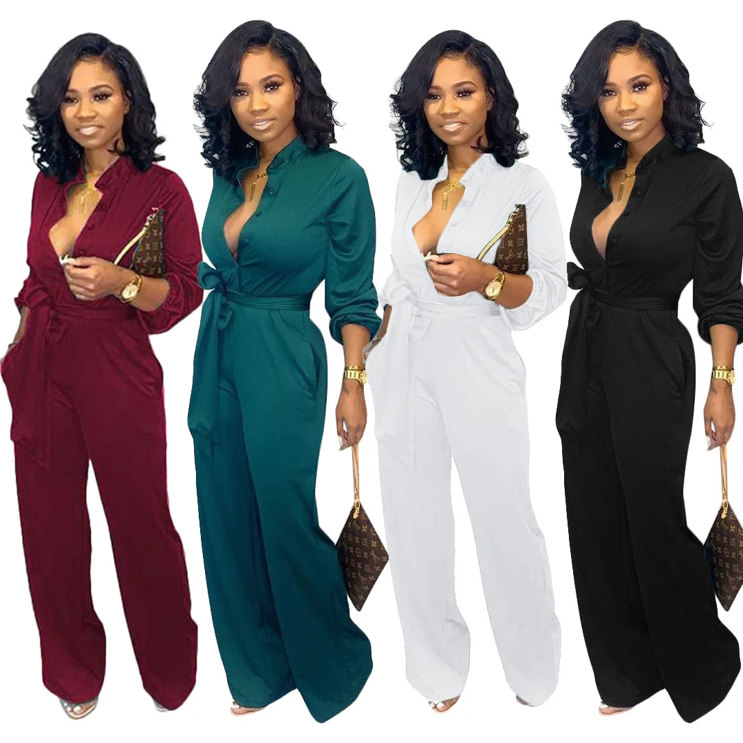 VOLALO Women Wide-leg Jumpsuit With Pocket Elegant Long Sleeve Waist Belt Button Party Romper 2024 Autumn Ladies Jumpsuit  3XL