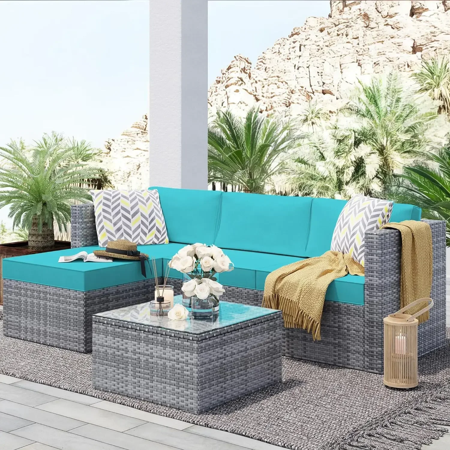 Outdoor Furniture Patio Sets,Low Back AllWeather Small Rattan Sectional Sofa w/ Tea Table&Washable Couch Cushions&Upgrade Wicker