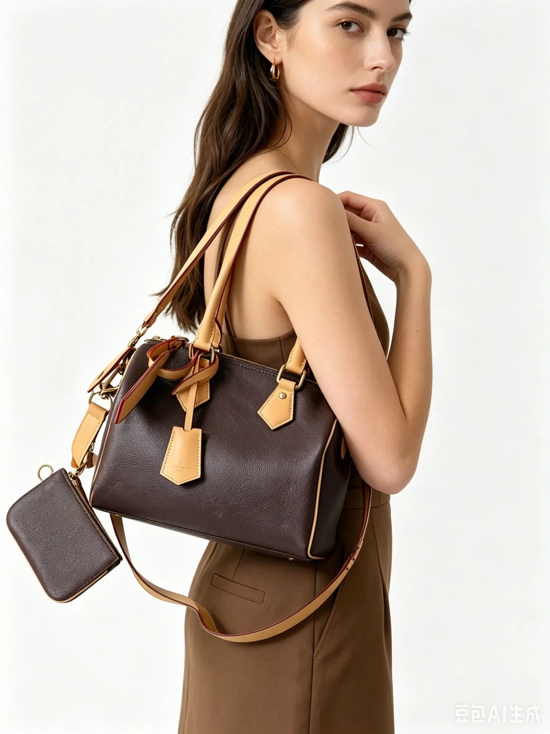 

Two-tone dark brown and tan leather barrel bag with top handles, detachable crossbody strap, and matching mini pouch.