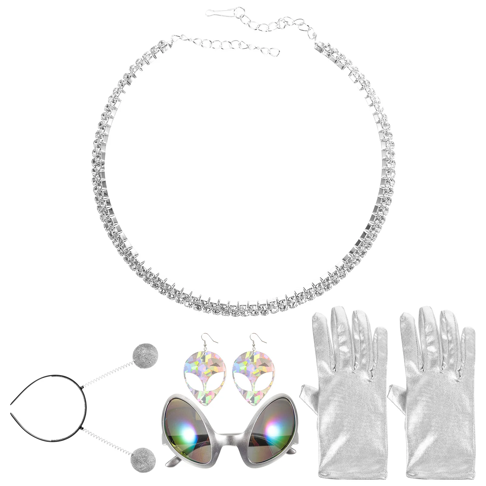 1 Set Party Stirnband Brille Handschuhe Halskette Ohrringe Cosplay Kostüm Zubehör Alien Antenne Requisiten Festival Event