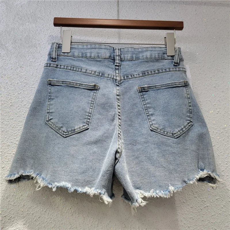 Women's Rhinestone Heart Denim Shorts High Waist Frayed Hem Jeans Shorts for Summer Streetwear Light Blue Zipper Wide Leg Pants