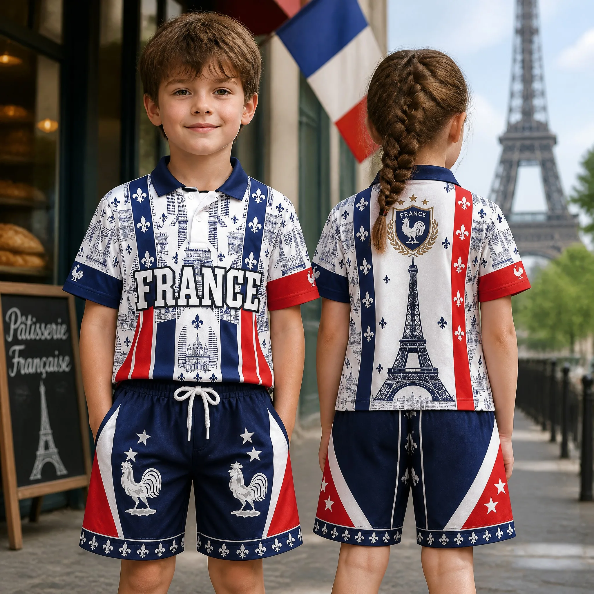 

Kids France Polo Shirt Shorts Set Navy Gold Crest Arch Tower Print Boys Girls Summer Casual Short Sleeve Two Piece Outfit Active