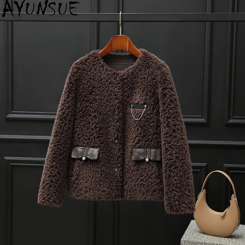 AYUNSUE 100% ウールコート レディース 2025 グレインシープ シアリングジャケット 冬服 女性用 合成毛皮コート 新作