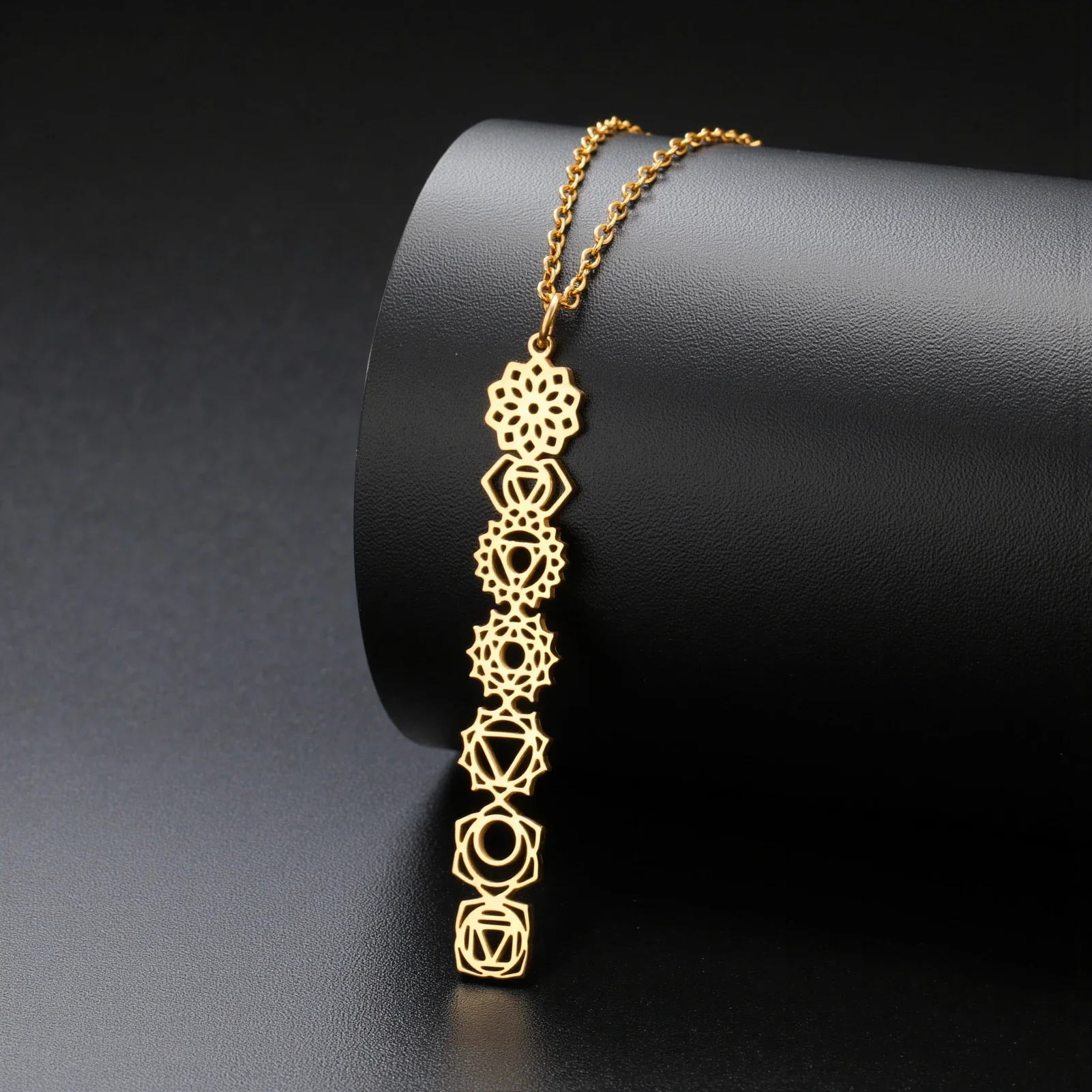 Skyrim 7 Chakra Pendant Necklaces for Women Stainless Steel Gold Color Sweater Chain Amulet Yoga Meditation Jewelry Wholesale