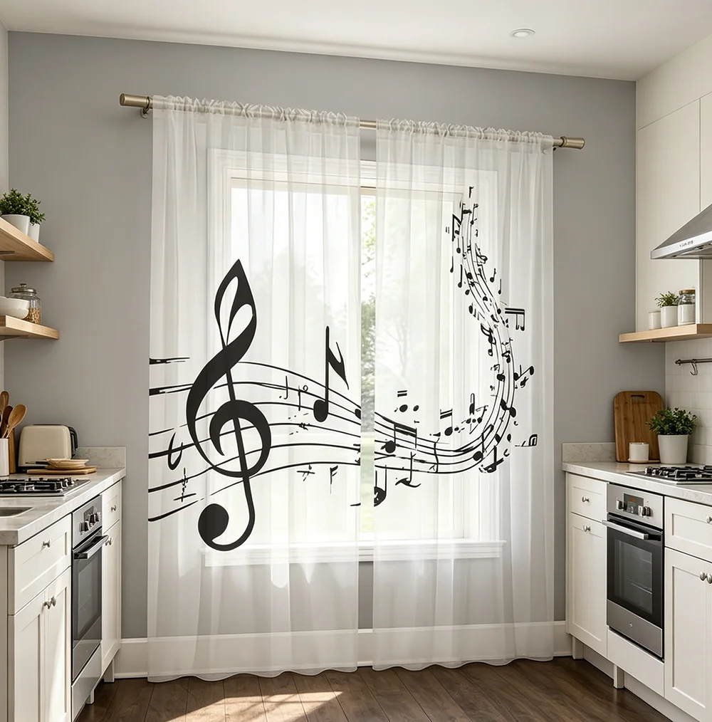 2pcs Treble Clef Music Note Sheer Curtains, Music Printed Filter Chiffon Decoration, Suitable for Kitchen, Bedroom, Home Decor