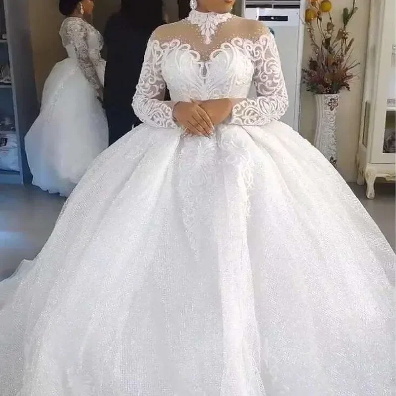 Customized  High Neck Appliques Beads Wedding Dress Robe De Mariee Luxe Luxury Africa Long Sleeves Ballgown Puffy Bridal Gown