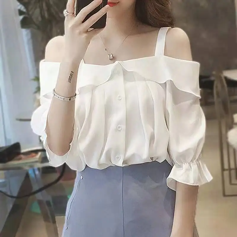 Fashion Slip Slash Neck Off Shoulder Ruffles Shirts Women\'s Clothing 2024 Summer New Loose Sweet Tops Butterfly Sleeve Blouses