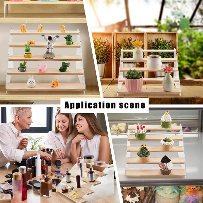 Wooden Acrylic Display Riser Shelf Mini Figures Cupcake Stand Makeup Perfume Holder Organizer Collectibles Toys Dolls Rack