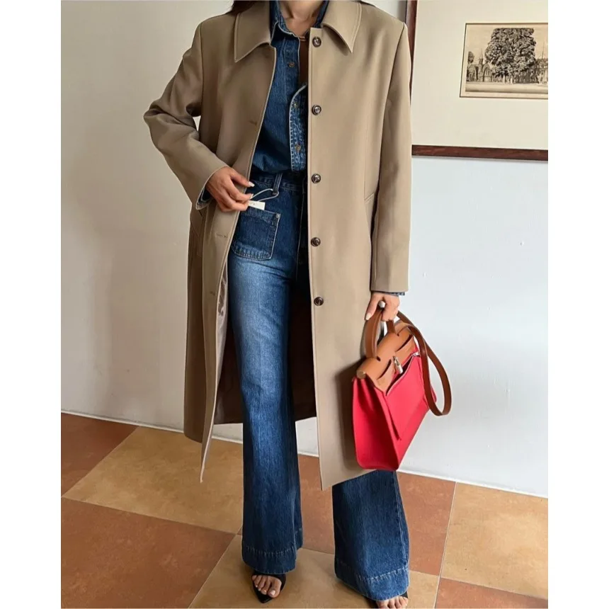 

Korean Sle Single-Button Windbreaker Coat Women's Faionable Belted Outerwear Autumn Winter Seasonal Regular Fit Streetwear