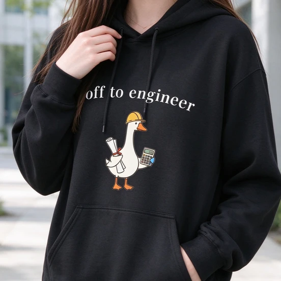 Off To Engineer Duck Hoodie Funny Sweatshirt Cartoon Shirt Engineering Student Gift Mechanical Civil Top Sarcastic Work Apparel
