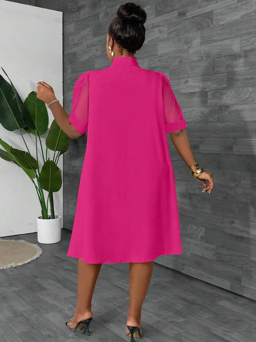 Maweii Plus Size Women Loose Tulle Splice Bow Decor Vacation Dress, Spring/Summer Pink Plus Size Business Professional Hot Pink