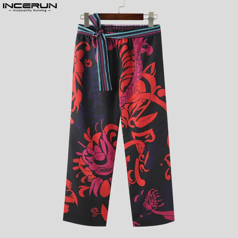 INCERUN 2024 American Style Trousers Fashion Men\'s Personality Floral Print Pant Casual Streetwear Hot Sale Belt Pantalons S-5XL