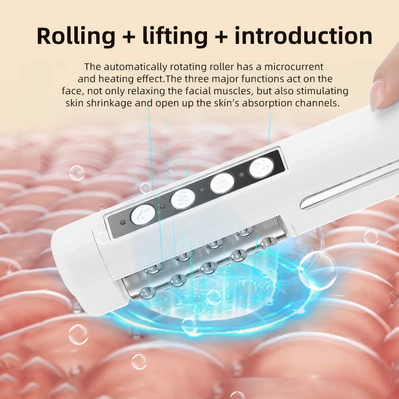 New Heating Roller Facial Device, EMS Vibration Massage Skin Tightening Rotating Microcurrent Facial Massager For Skin Lifting