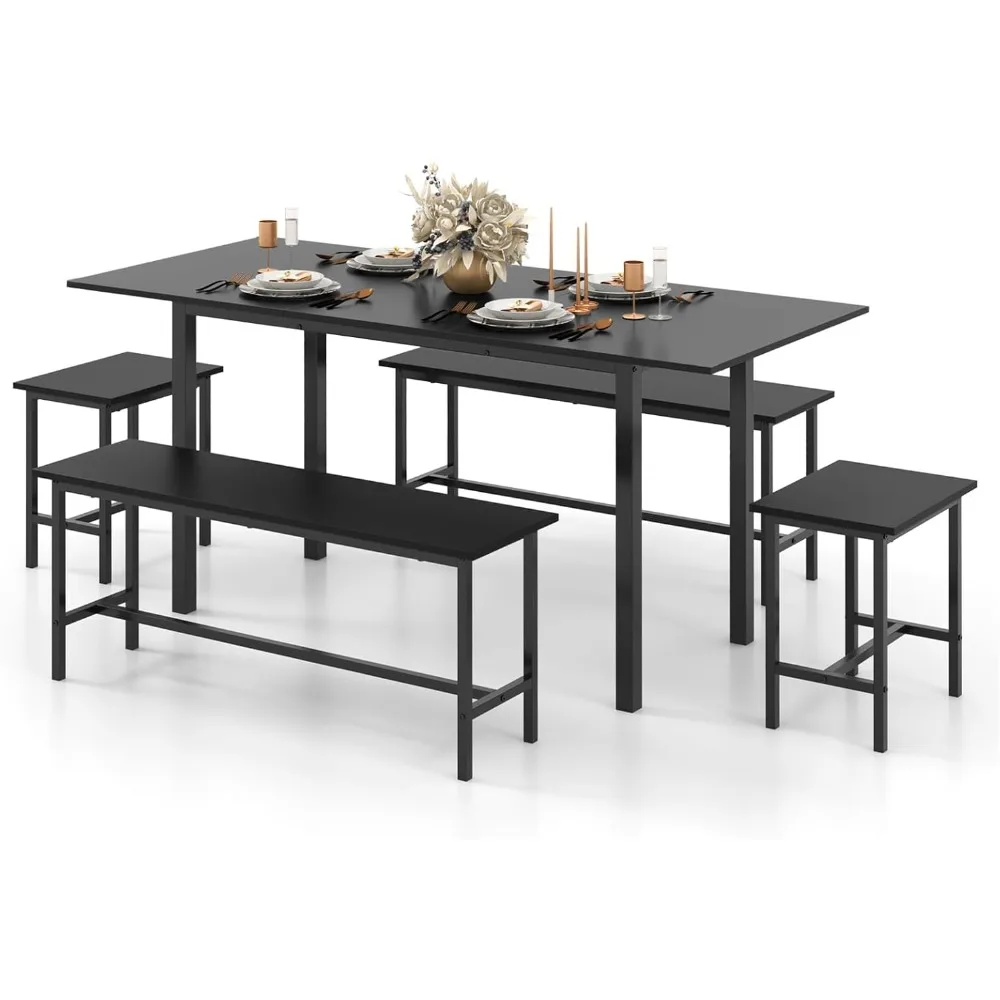 

Dining Table Set for 4-6, 5-Piece Kitchen Table Chairs Set, 63” Extendable Tables with 2 Benches, 2 Stools, Dinette Tables