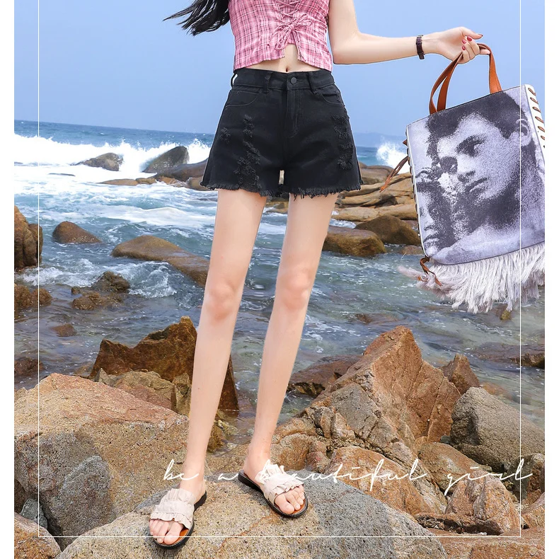 Ripped Thin Denim Shorts High Waist Women's Style Summer Hot Pants Slimming Wide Leg A- Line Mini Skirt Cotton Material E9018