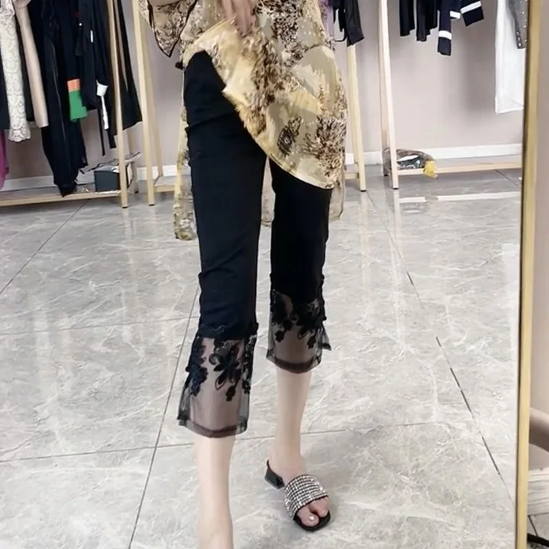 Solid Color Thin Slim Ladies Pencil Summer Fashion Patchwork Lace Hollow Out High Waist Women\'s Clothing Black Calf-Length Pants