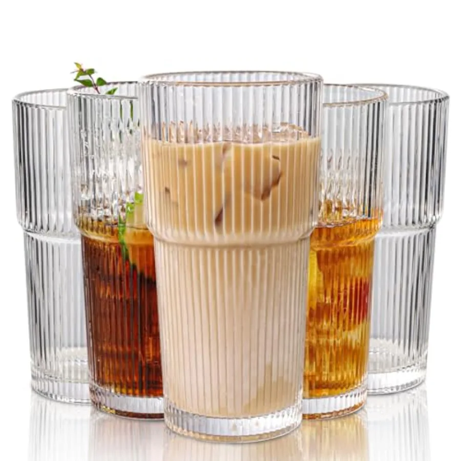 

Набор из 6 больших стеклянных стаканов с ребристой поверхностью, 20 унций, винтажный прозрачный стакан в стиле оригами с рифленым дизайном, идеально подходит для воды и напитков со льдом.