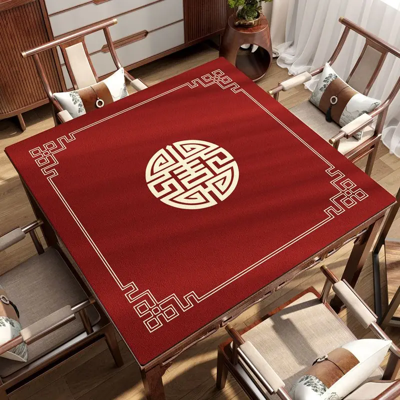 VIKAMA Red Chinese Lucky Fortune Mahjong Mat Silent Non Slip Foldable Square Game Pad Wealth Chinoiserie Desktop Decor