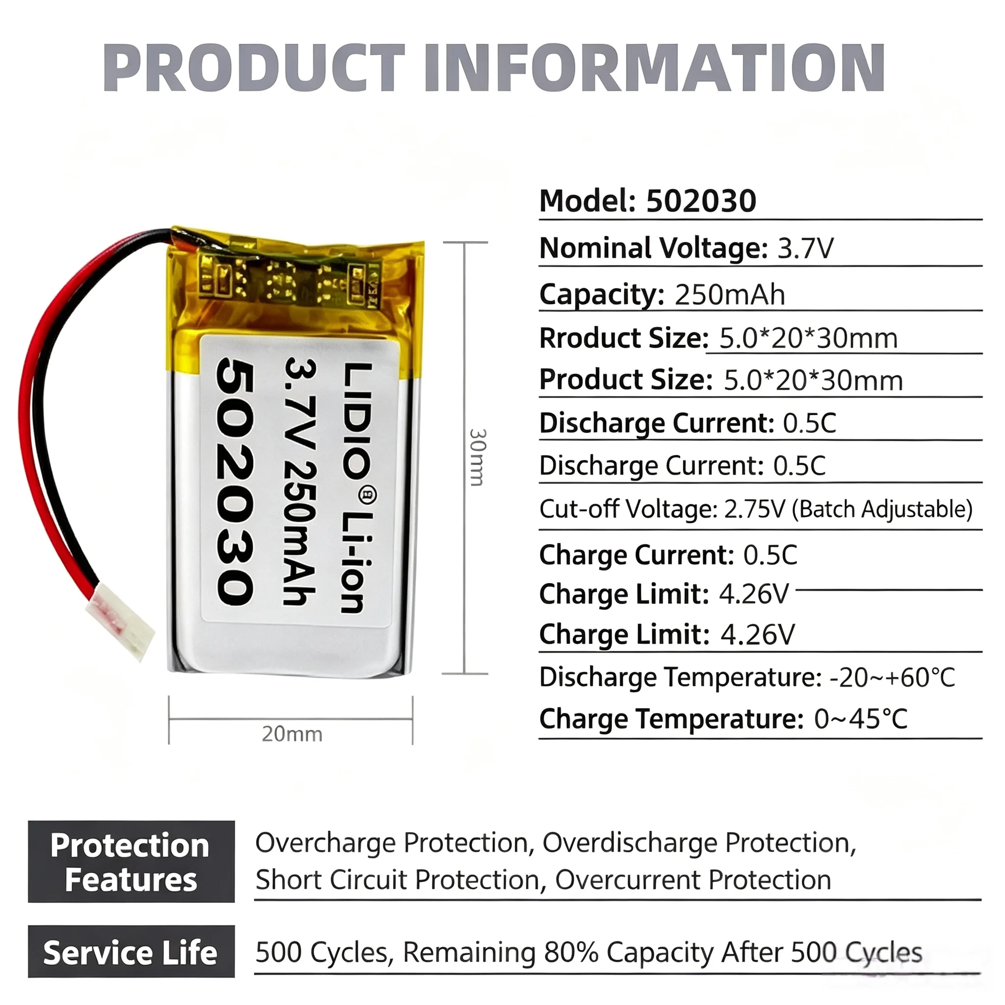 502030 Battery 3.7V Lipo 250mAh Polymer Rechargeable Li-ion Batteries Ph2.0mm For Bluetooth Headset Charging Case Wireless Mouse
