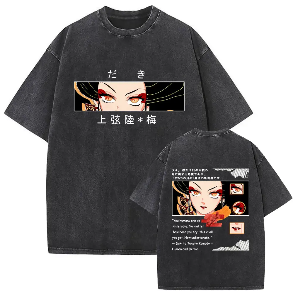

Washed Vintage Anime Demon Slayer Daki Eyes Graphic T Shirt Men Women Casual Cotton Retro T-shirt Men's Loose Oversized T-shirts