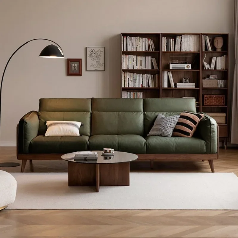 

Solid wood sofa, new Chinese-style small apartment living room black walnut sofa, household black label leather sofa