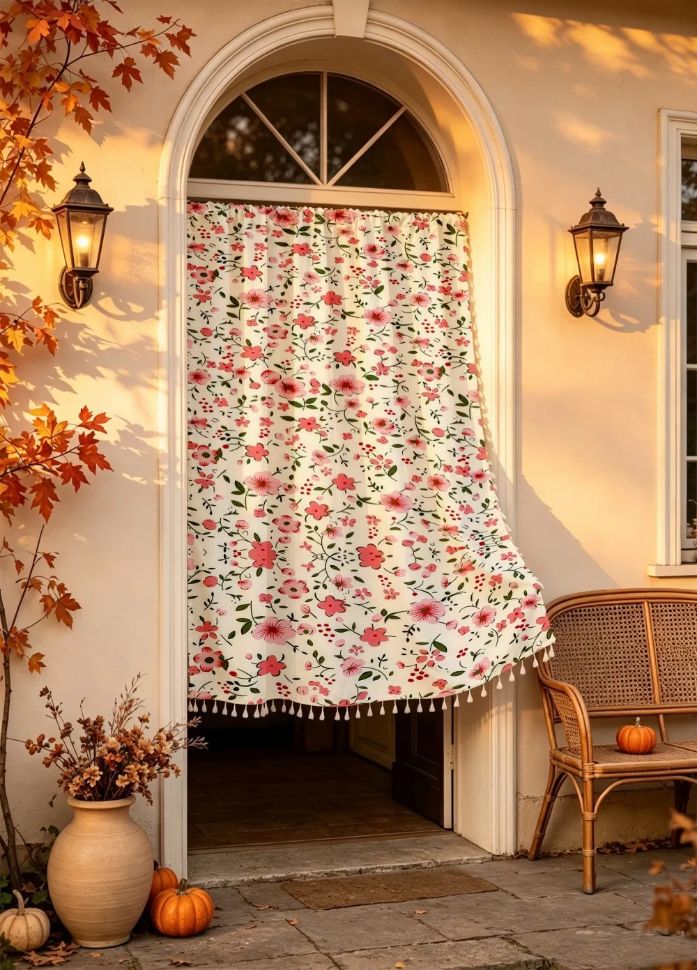1PC Floral Tassel Sheer Curtains, Green Leaf Red Flower, Digital Print, Linen Polyester, Bedroom Living Room, Home Decor
