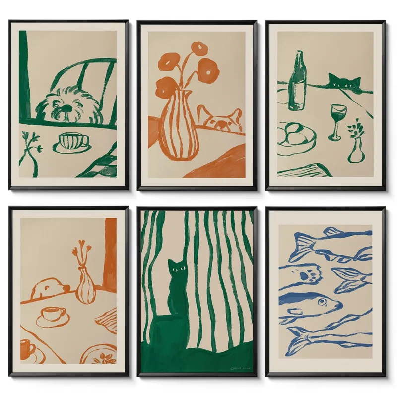 Funny Sneaky Cat Dog Kitchen Wall Art Whimsical Animal Sketch Print Abstract Floral Modern Decor for Living Room Bedroom Home