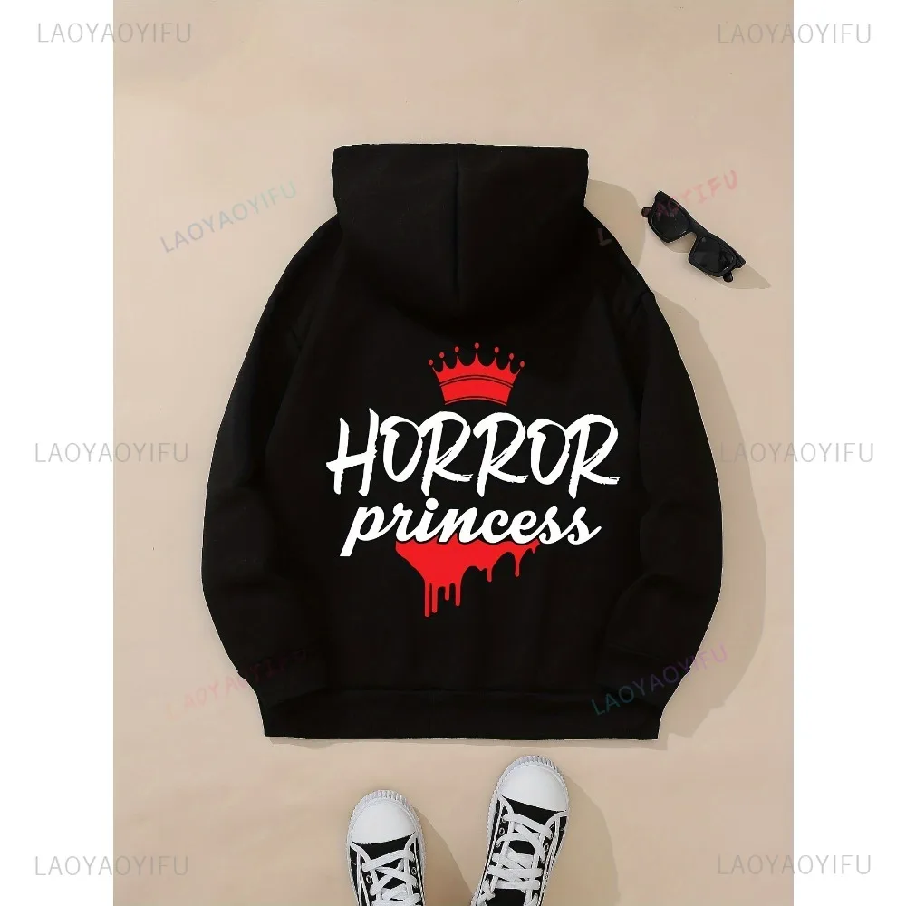 Moletom feminino com capuz estampado de princesa de terror com cordão casual moletom com capuz para inverno e outono moletom forrado de lã macia para mulheres