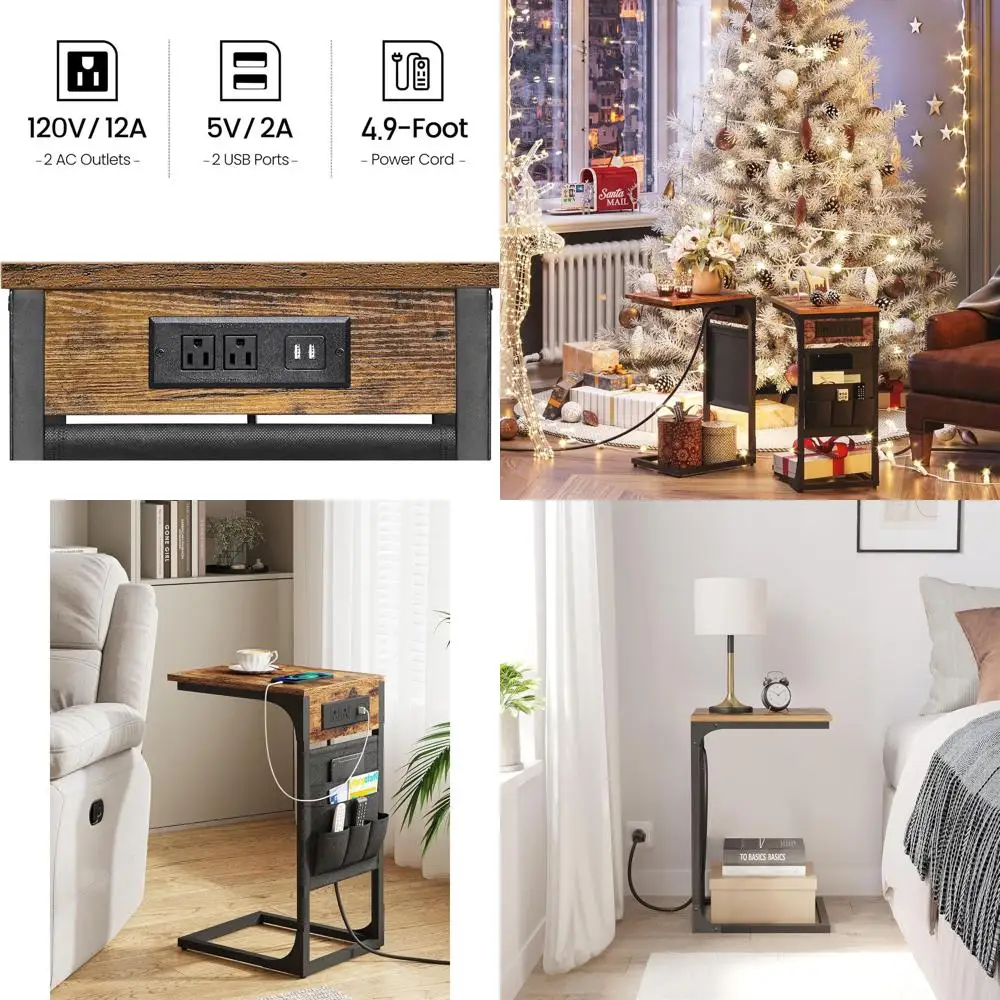 

Brown Dual USB Charging End Table with Storage, Sofa Side Table, Couch Organizer, 2-Piece TV Tray Set for Living Spaces