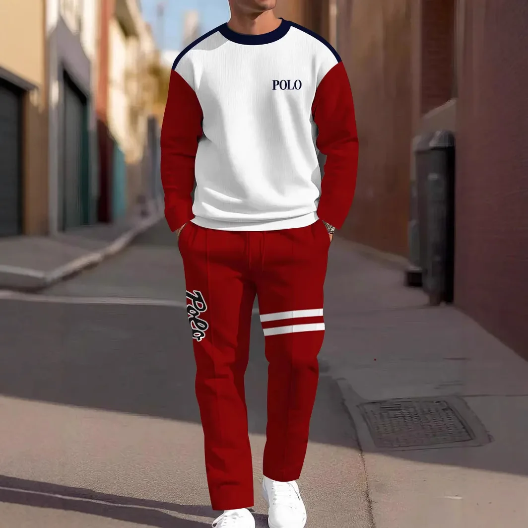 Mens Cross Border Round Neck Tech Print Casual Sports Set Long sleeve Top  Long Pants Loose fit Sweater and Sweatpants 2piece Se