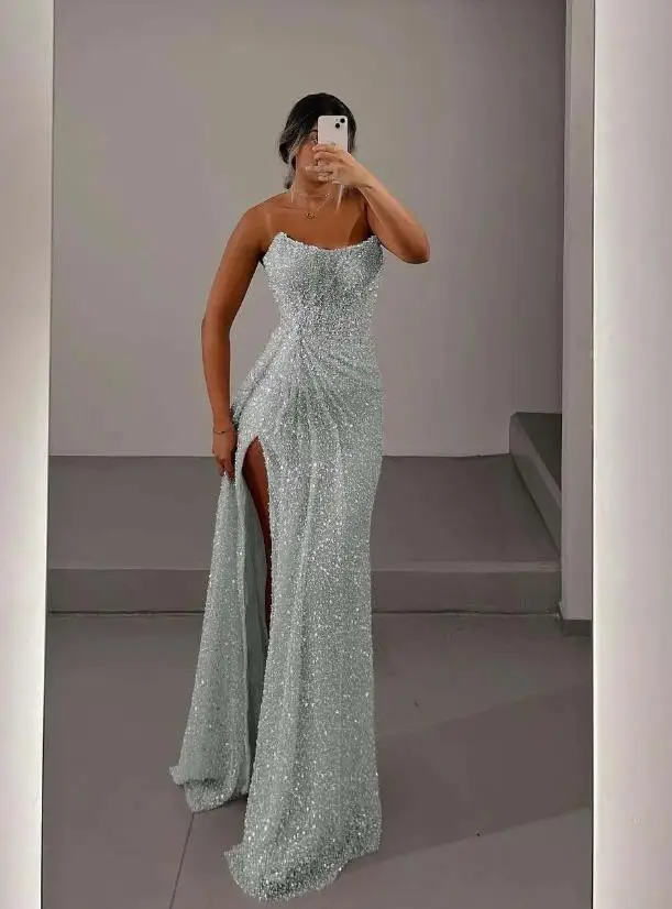 Customized Glamorous Light Pink Sequins Strapless Sleeveless Long Prom Dress with Split Glitter Mermaid Formal Cocktail Dress
