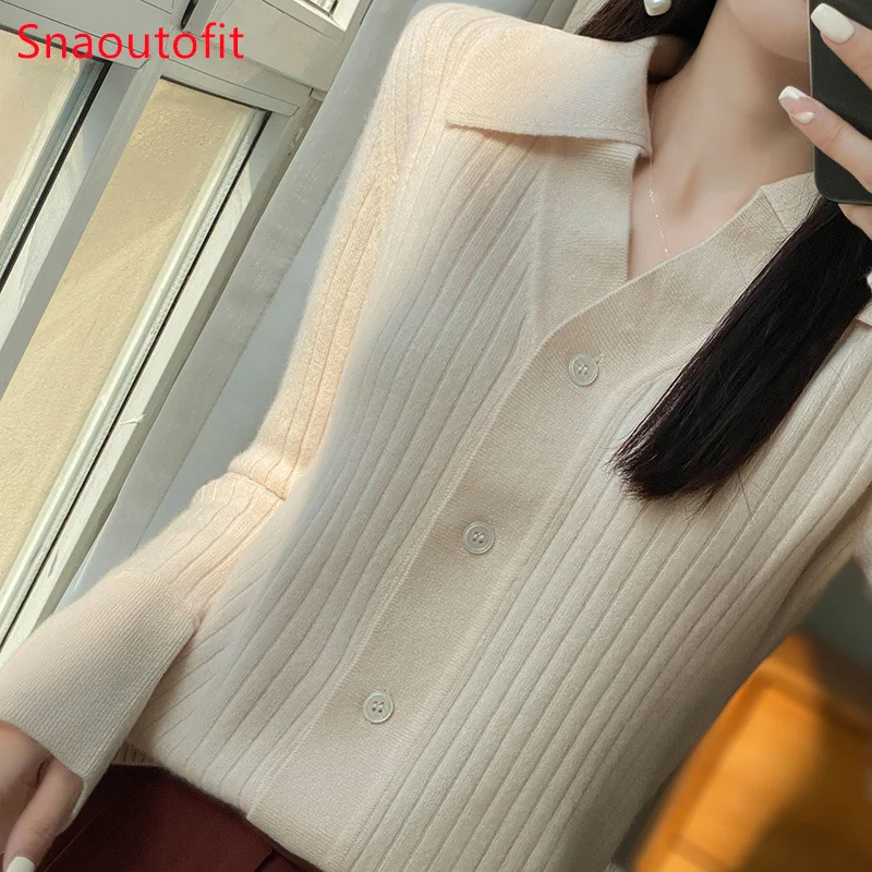 100% Wool Cardigan POLO Neck Solid Color Knit Sweater for Women Autumn Winter Fashion Formal Loose Cashmere Coat Niche Chic Top