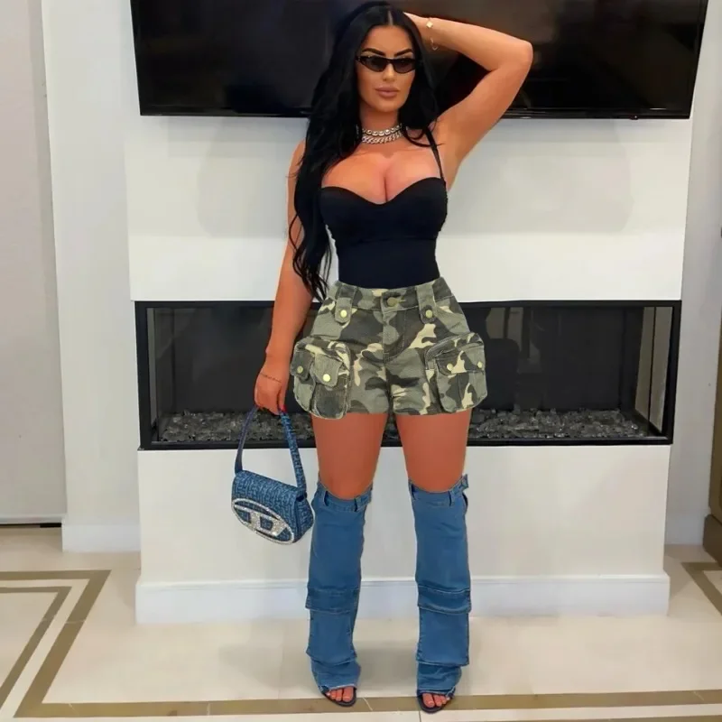 

Camouflage Print Denim Cargo Shorts for Women 2025 Button Fly High Waist Zipper 3D Pockets Fashion Casual Streetwear Bottoms