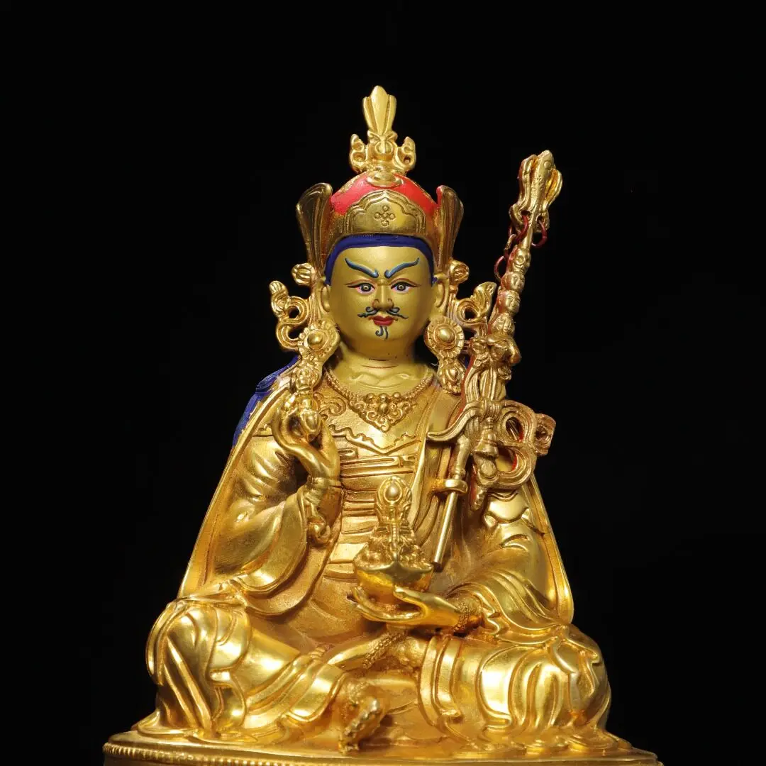 Padmasambhava Guru Rinpoche Nepali Tibetan Pure Copper Carved Full Gold Gilded Home Temple Desk Decor