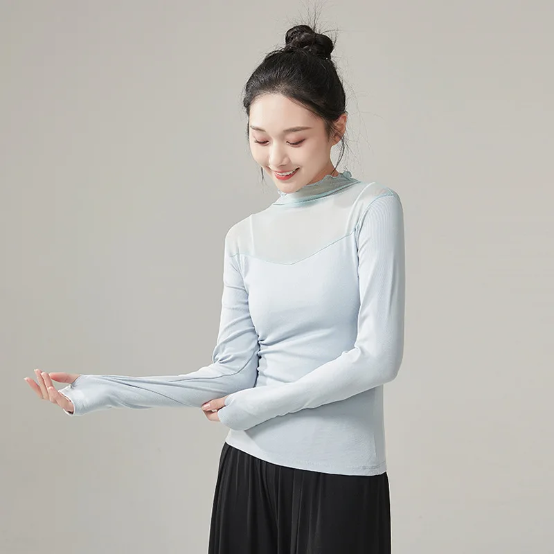 Long sleeved professional ballet training t-shirt ethnic dance costume practice top slim fit adult female mesh high collar