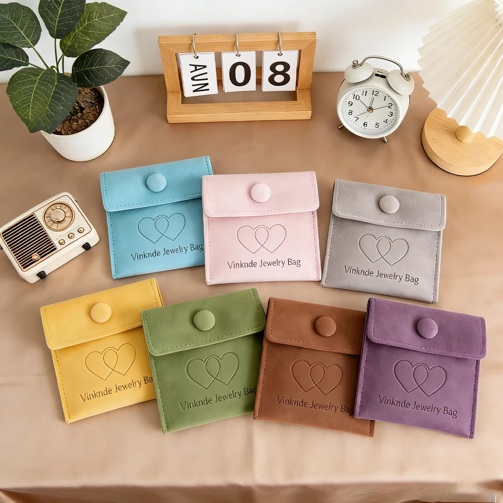 

100Pcs/Lot 8x8cm Lovely Customized Logo Velvet Jewelry Packaging Bag Earrings Rings Bracelet Oil Snap Bags Wedding Favors Gift