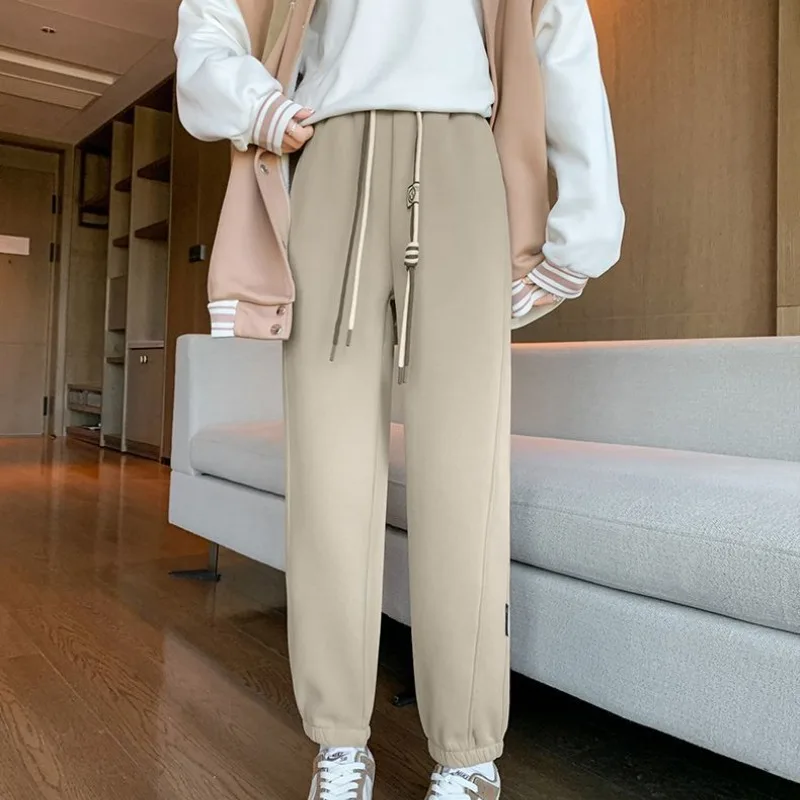 Women's Solid Elastic Waist Drawstring Pocket Harlan 2023 Autumn and Winter High Waist Bright Line Decoration Loose Casual Pants