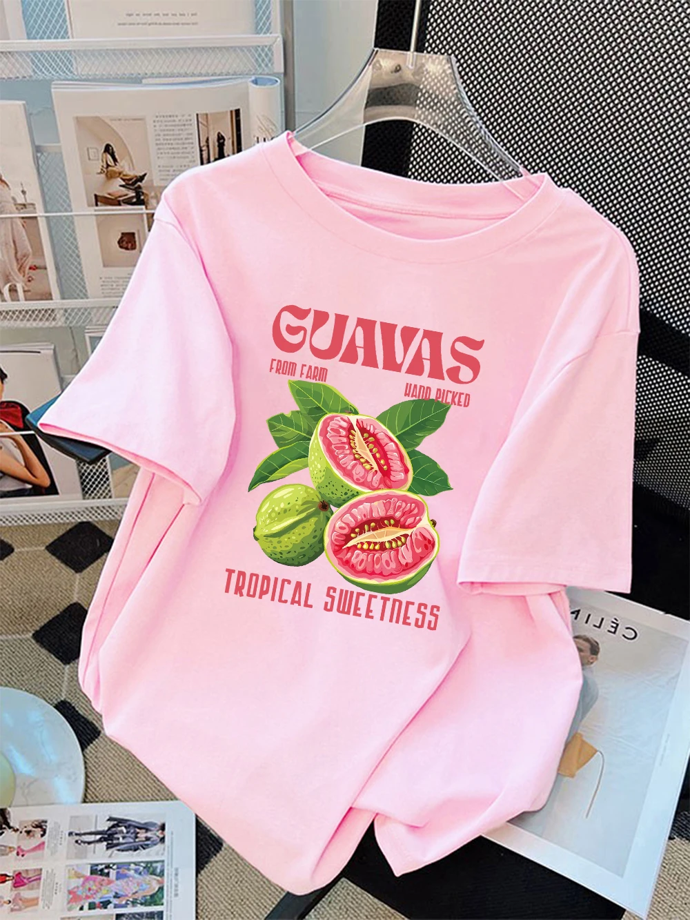 Camiseta de verano para mujer, estampado de guayaba recogido a mano, cuello redondo suave, ropa informal para mujer, camisetas gráficas, ropa de calle de verano Y2K